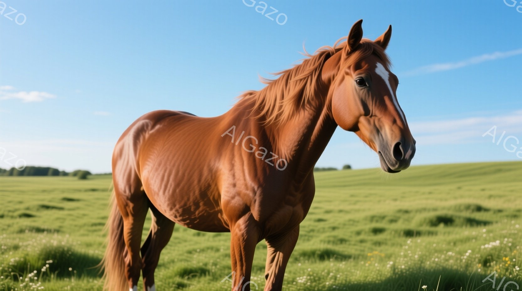 広大な緑の草原に、茶色の毛並みの馬が立っている。馬は正面を向き、穏やかな表情で、ゆったりとした姿勢をとっている。背景には、なだらかな丘陵と、青い空が広がり、平和で穏やかな雰囲気を醸し出している。 - AI生成フリー素材