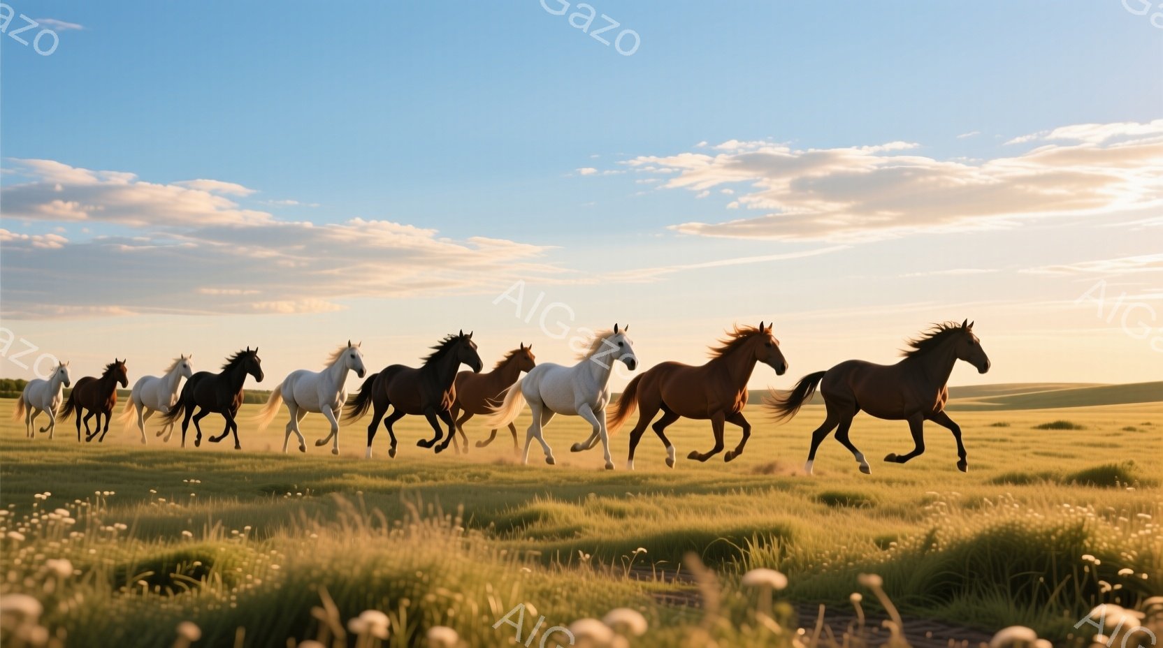 広大な草原を、茶色、黒、白の馬たちが一列になって疾走している。空は夕焼けの名残でオレンジと青が混ざり合い、草原には黄色い草と白い花が咲き乱れている。馬たちは力強く大地を蹴り、自由と野生の雰囲気を漂わせ - AI生成フリー素材