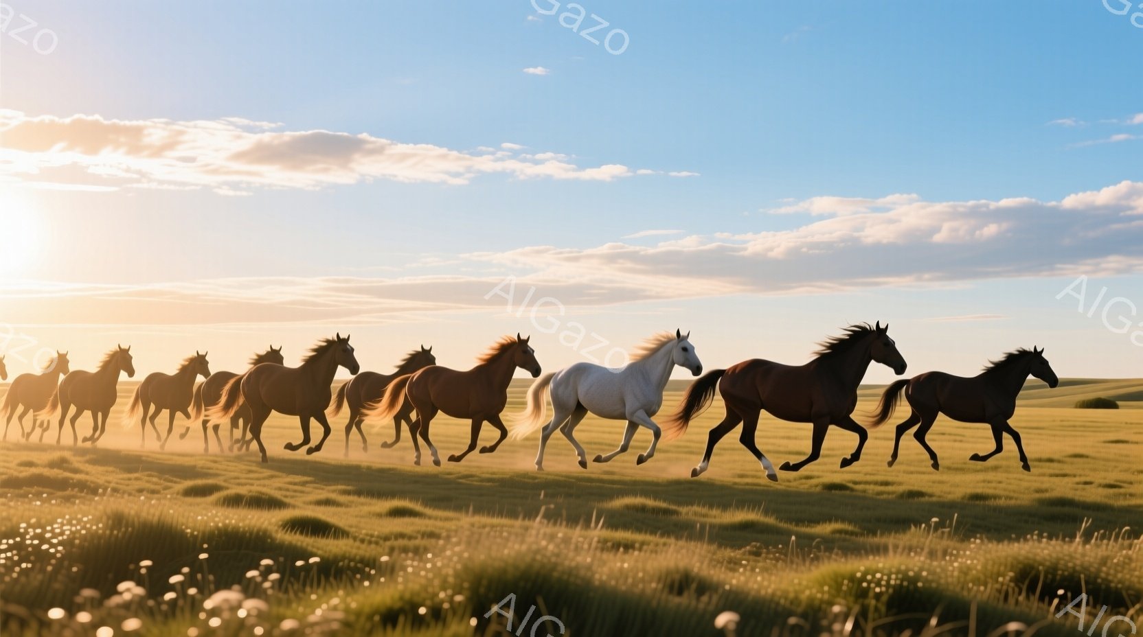 広大な緑の草原を、茶色や黒、そして白の馬たちが一列になって疾走している様子が捉えられている。太陽が地平線に沈みかけており、草原と馬たちを黄金色に染め上げ、力強く美しい光景を作り出している。背景にはなだ - AI生成フリー素材