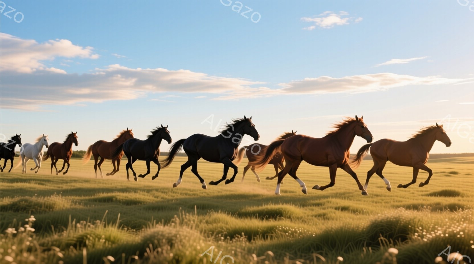 広大な緑の草原を、様々な毛色の馬たちが疾走している。夕暮れ時の空はオレンジ色に染まり、草原には一面に草花が咲き乱れている。馬たちは自由奔放に駆け抜け、力強く美しい姿が印象的である。 - AI生成フリー素材