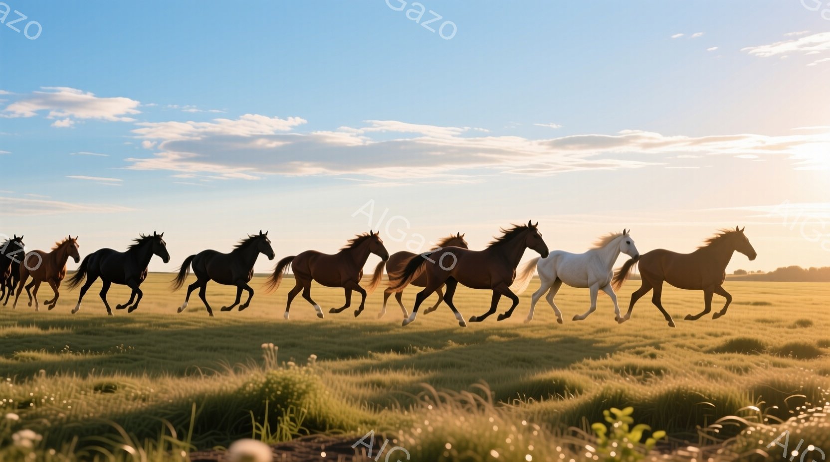 広大な緑の草原を、さまざまな毛色の馬たちが一列になって駆けている。夕暮れ時の柔らかい光が草原を照らし、馬たちのシルエットを際立たせている。草丈は高く、馬たちは軽快な足取りで走り、躍動感と自由な雰囲気を醸し出している。