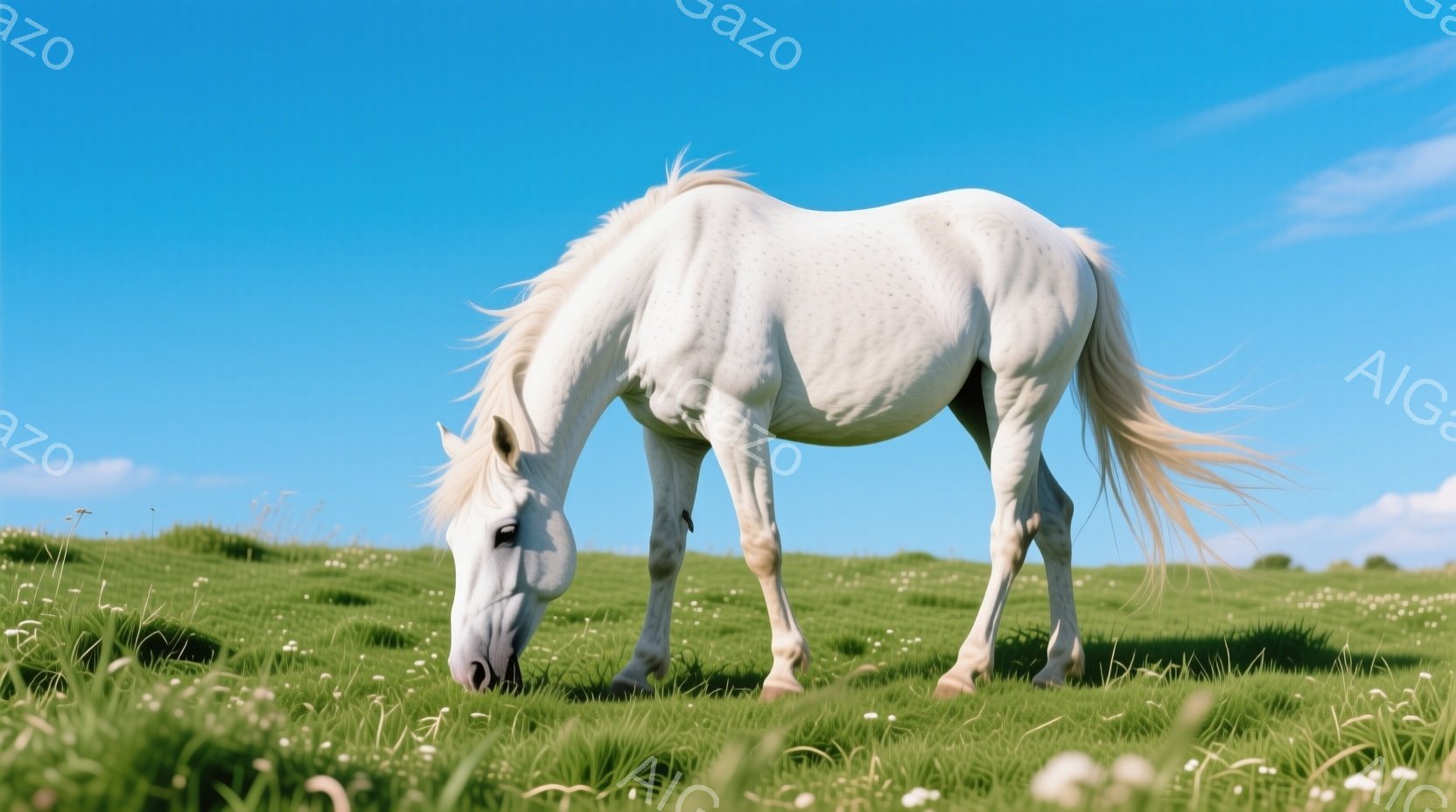 白い馬が緑豊かな草原で草を食んでいる様子が写っている。馬は少しうつむき加減で、たてがみが風になびいている。空は晴れ渡り、背景には穏やかな緑の丘が広がっているため、平和で穏やかな雰囲気が漂っている。