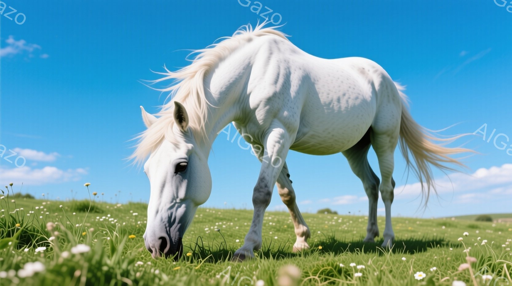 白い馬が緑豊かな草原で草を食んでいる姿が捉えられている。馬は頭を下げ、白い鬣が風になびき、穏やかで平和な雰囲気を醸し出している。背景には青空が広がり、小さな白い花が咲き乱れる草原が広がり、晴れた日の自然の美しさを感じさせる。