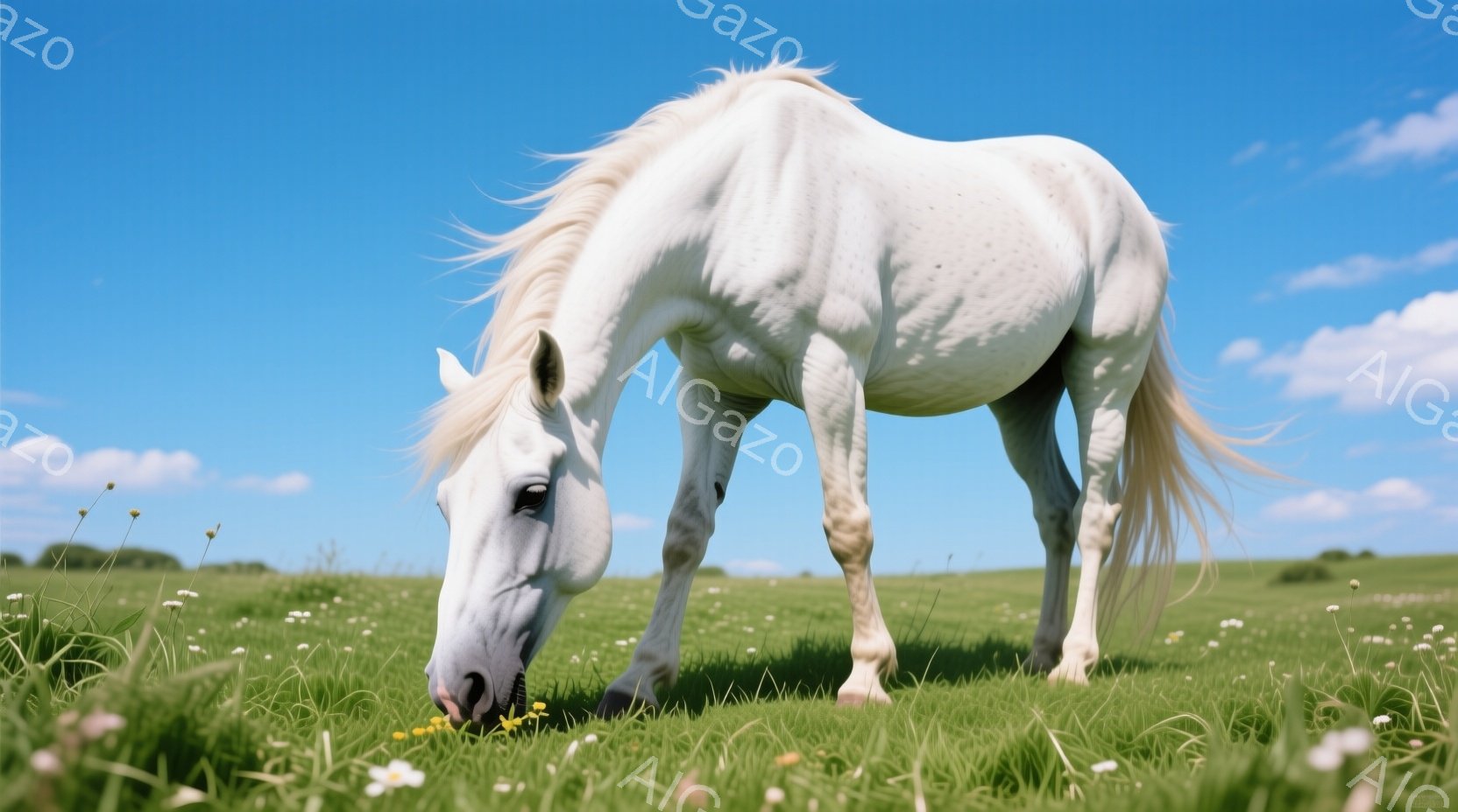 白い馬が緑豊かな草原で草を食んでいます。馬のたてがみと尾は風になびき、その毛並みは太陽の光を受けて輝いています。背景には穏やかな青空と遠くに見える緑の丘が広がり、平和で牧歌的な雰囲気を醸し出しています。