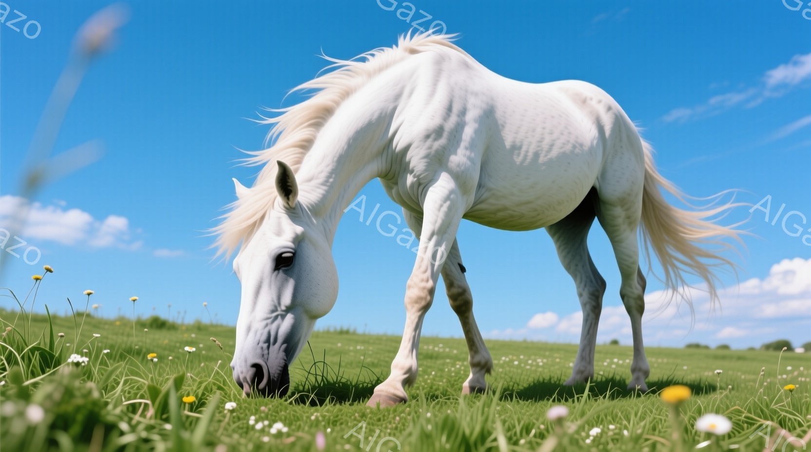白い馬が緑豊かな草原で草を食んでいます。馬はややうつむき加減で、たてがみと尾が風になびいています。背景には青い空と白い雲が広がり、点在する黄色い花が春の穏やかな雰囲気を醸し出しています。 - AI生成フリー素材