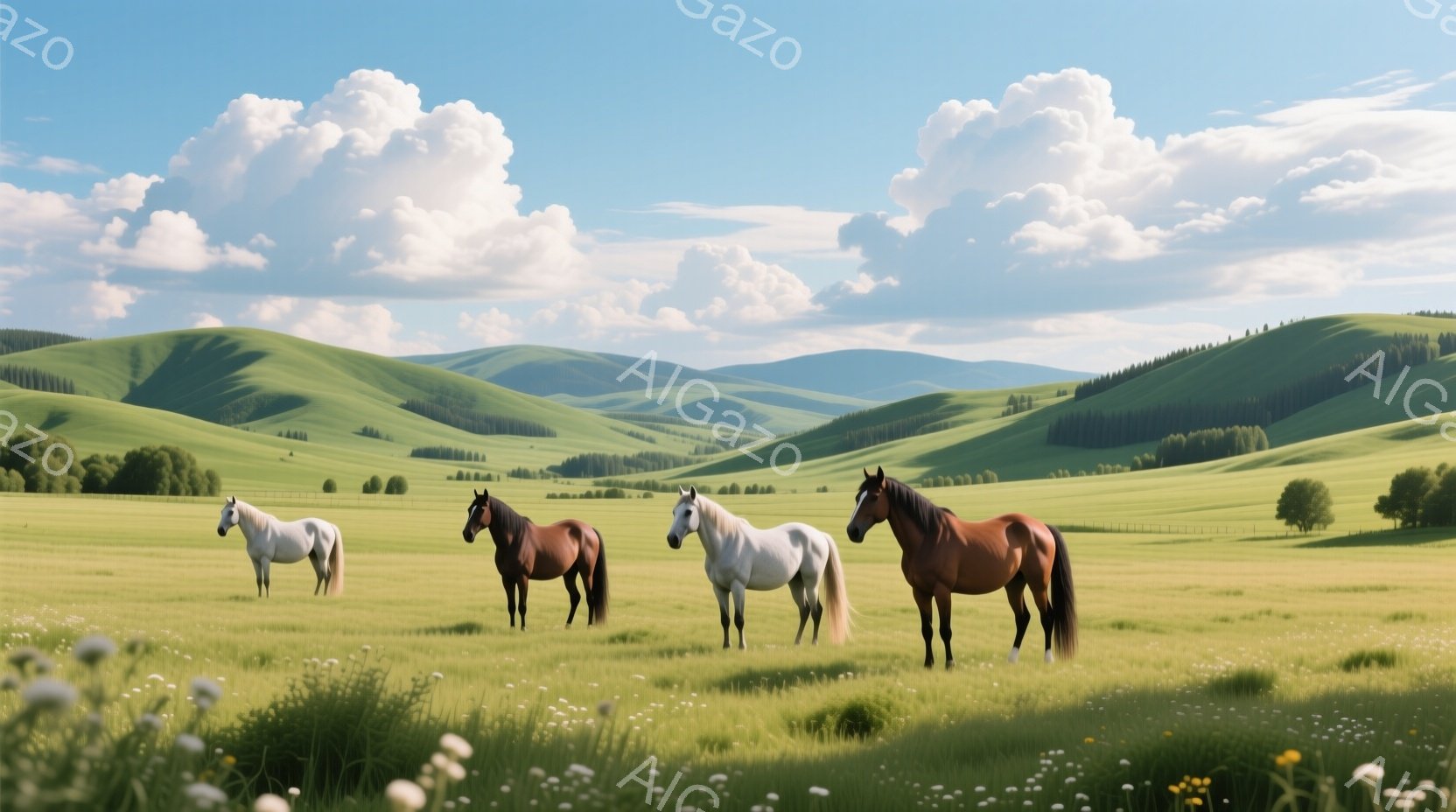 広大な緑の草原に、白と茶色の馬が四頭立っている。背景にはなだらかな丘が連なり、遠くには緑の木々が見える。空は晴れ、白い雲が浮かび、穏やかで平和な雰囲気が漂っている。