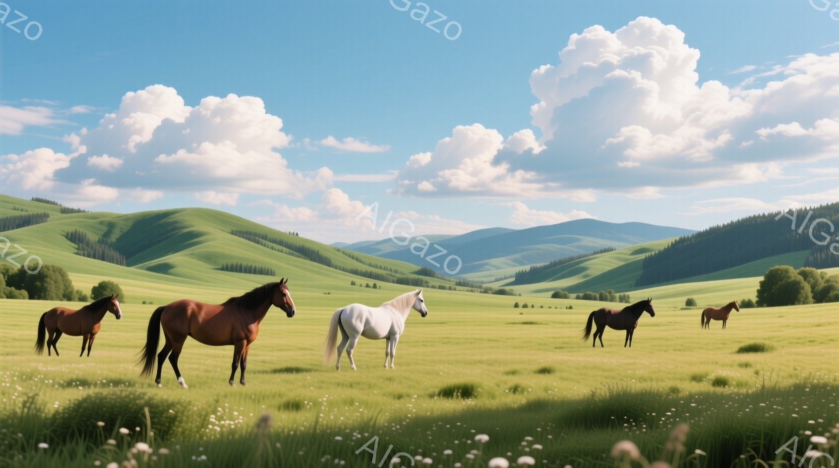 緑豊かな草原に、茶色と白の馬たちがのんびりとたたずんでいる。背景には、なだらかな丘陵と森林が広がり、晴天の下、白い雲が浮かんでいる。全体的に穏やかで平和な雰囲気が漂っている。