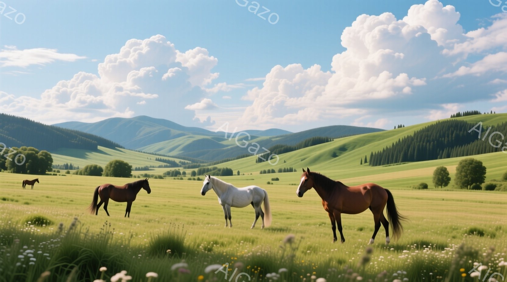 広大な緑の牧草地には、茶色と白の三頭の馬が立っている。背景には穏やかな丘陵地帯が広がり、遠くには緑豊かな森が見える。空は青く、ふわふわとした白い雲が浮かび、穏やかで平和な雰囲気を醸し出している。 - AI生成フリー素材