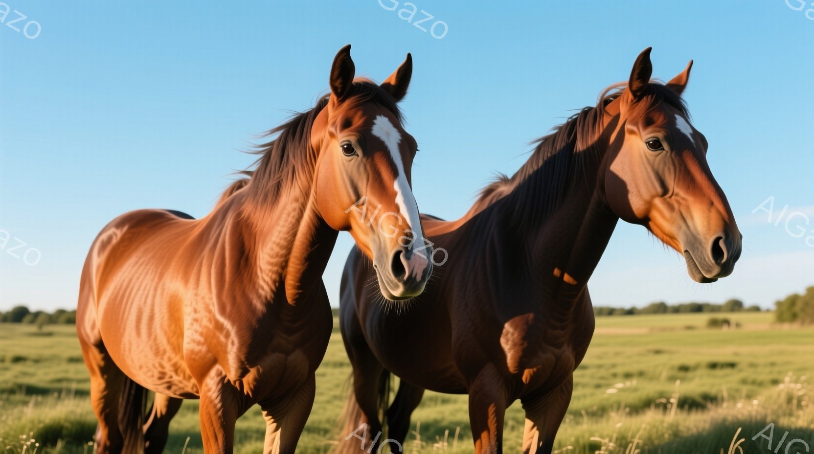 ２頭の栗毛の馬が緑の牧草地に並んで立っている。馬たちはリラックスした様子で、穏やかな表情を浮かべている。背景には遠くの木々が見え、空は青く晴れ渡っており、平和で穏やかな雰囲気を醸し出している。