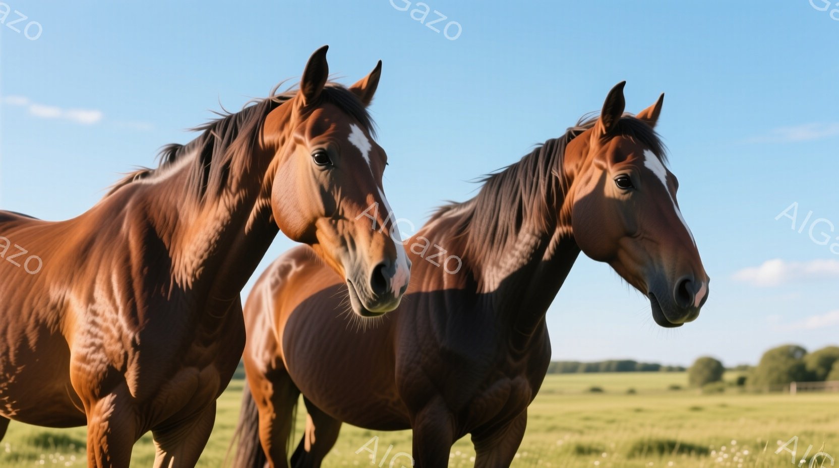 広大な緑の牧草地で、二頭の栗毛の馬が並んで立っています。馬たちは穏やかな表情で、カメラの方を少しだけ見ており、リラックスした様子が伺えます。背景には穏やかな青空と遠くの木々が見え、平和で牧歌的な雰囲気を醸し出しています。