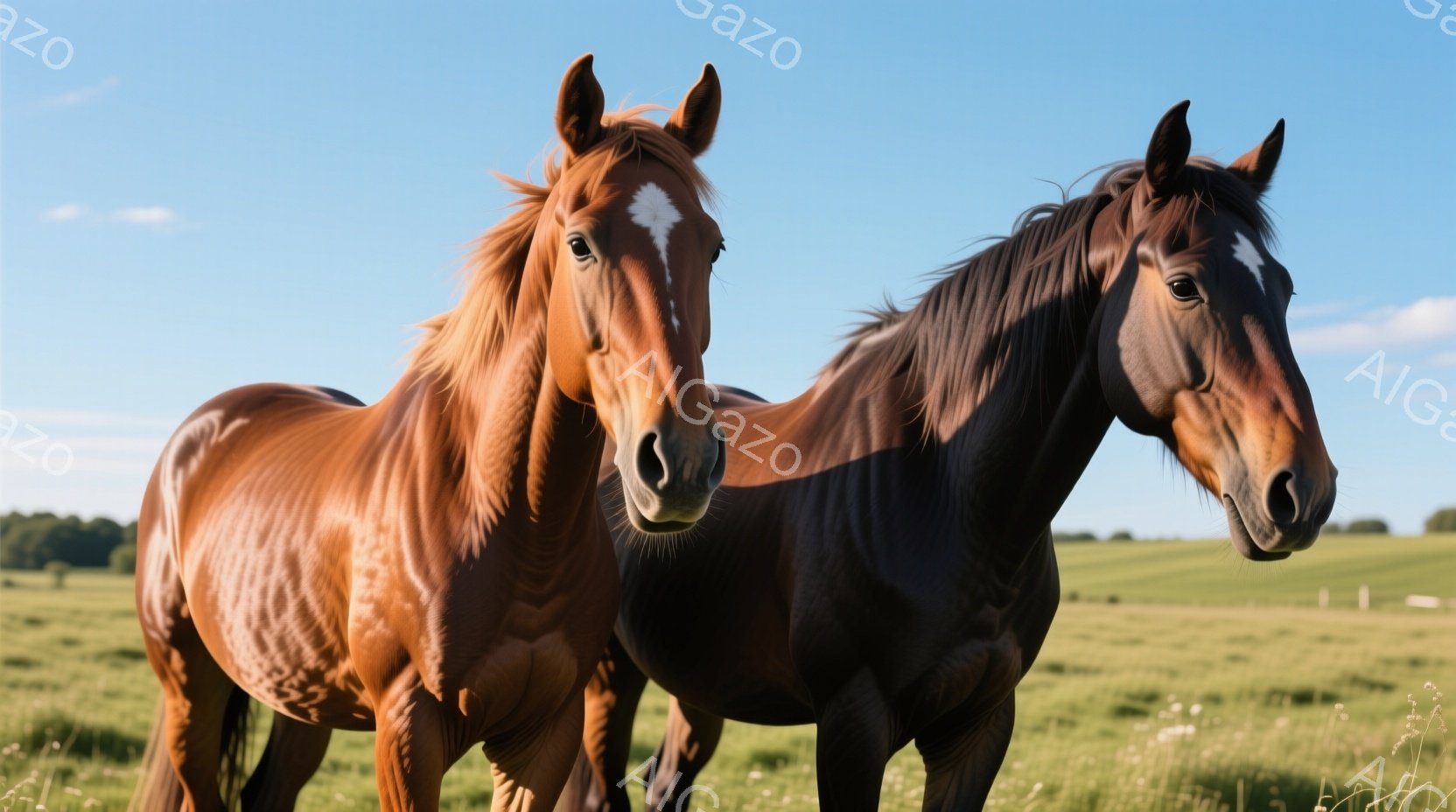 鮮やかな緑の牧草地で、毛並みの美しい二頭の馬が並んで立っています。一頭は明るい茶色で顔に白い模様があり、もう一頭は漆黒の毛並みで、どちらも穏やかでリラックスした表情をしています。背景には遠くの木々や青 - AI生成フリー素材