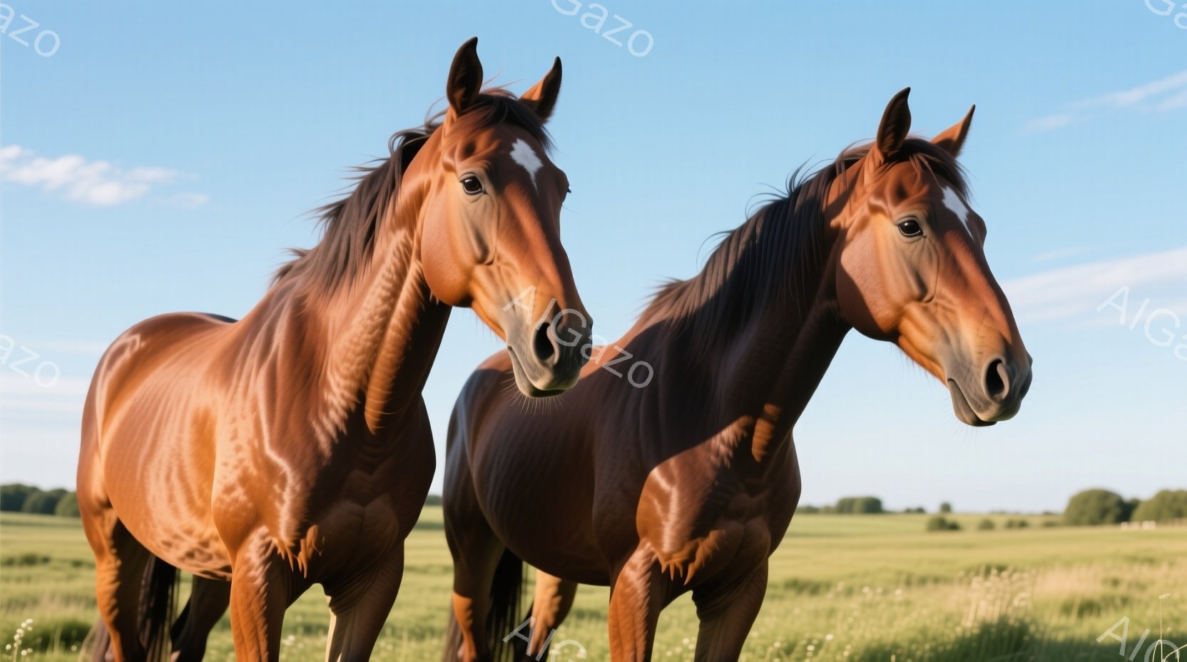 鮮やかな緑の草原に二頭の栗毛の馬が並んで立っています。馬たちは落ち着いた表情で、わずかに首を下げて互いに寄り添うように立っており、筋肉質な体格がよくわかります。遠景には、緑豊かな丘と青い空が広がり、穏やかで平和な雰囲気が漂っています。