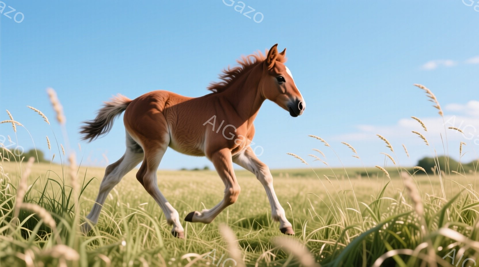 赤毛の若い馬が、背の高い草が生い茂る草原を力強く駆けている。太陽の光が降り注ぎ、馬の毛並みを明るく照らし出し、その躍動感と自由な雰囲気を強調している。背景には緑豊かな丘と青空が広がり、穏やかで平和な夏 - AI生成フリー素材