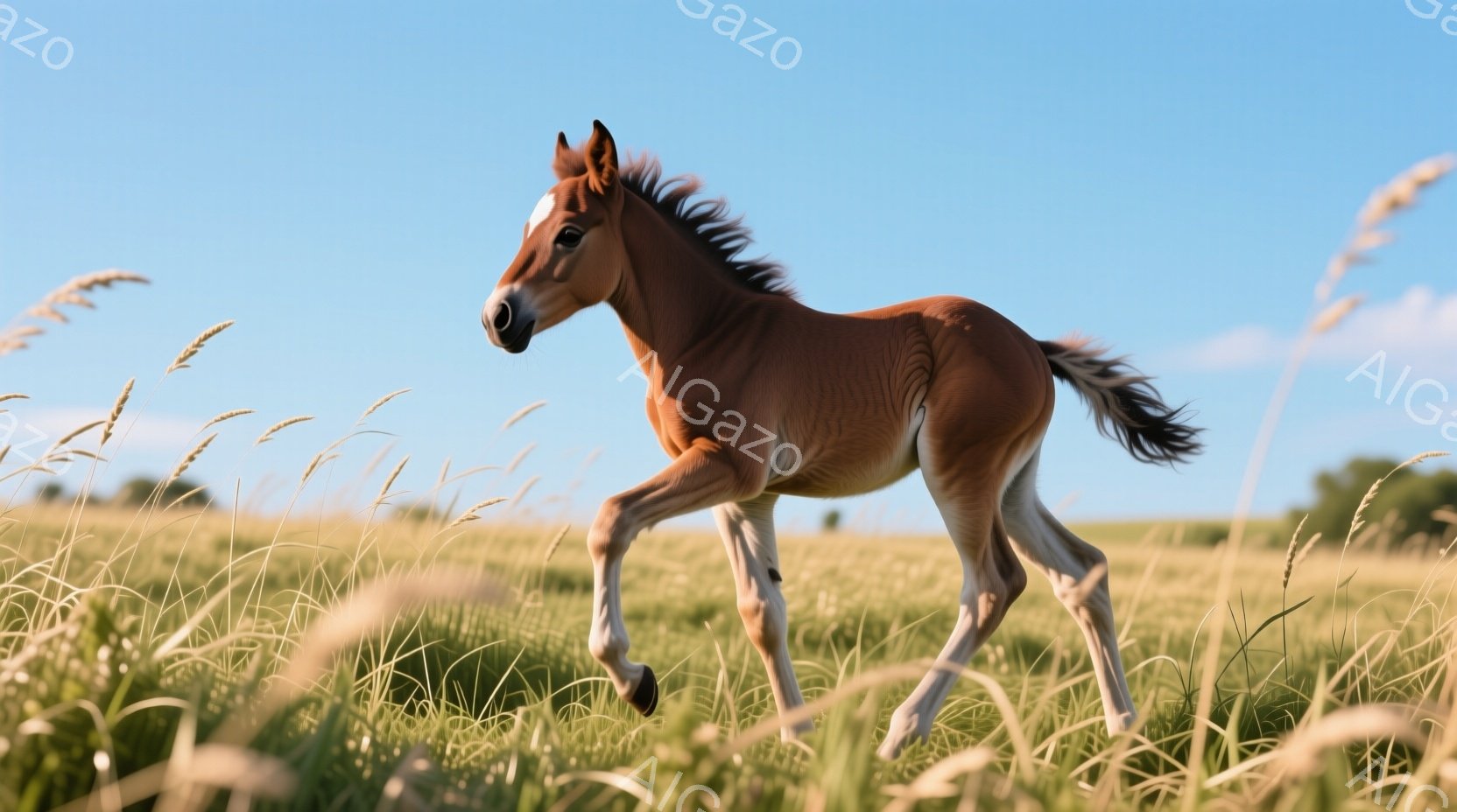 栗色の毛並みを持つ子馬が、黄金色の草原を駆け抜けている。子馬は前脚を高く上げ、躍動感に満ちた姿勢で走り、たてがみが風になびいている。背景には青空と緑の木々が広がり、暖かく穏やかな夏の日の雰囲気が感じら - AI生成フリー素材