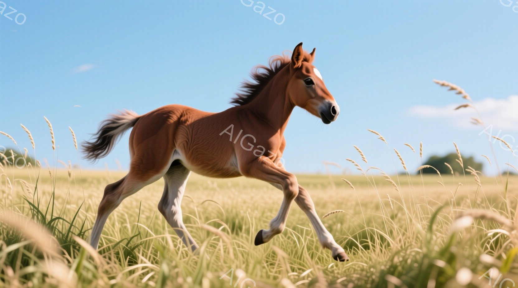 黄金色の草原を栗毛の小さな馬が活発に駆け抜けている。その動きは躍動感に満ち溢れ、風になびくたてがみと尾が、自由な疾走を表現している。背景には穏やかな丘と青空が広がり、夏の暖かい日差しを感じさせる平和な光景である。