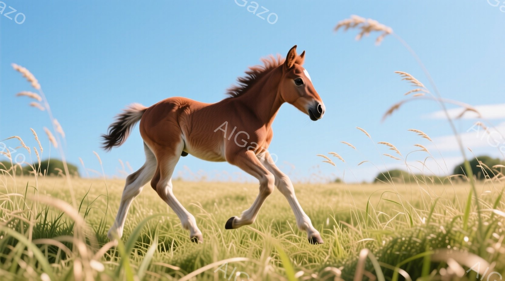 栗毛の幼い馬が、背の高い草木が生い茂る草原を駆け抜けている。太陽の光が降り注ぎ、馬の毛並みと草の緑が鮮やかに映し出され、動きのある躍動感に満ちた光景だ。背景には緑豊かな丘が広がり、晴れ渡った空が穏やか - AI生成フリー素材