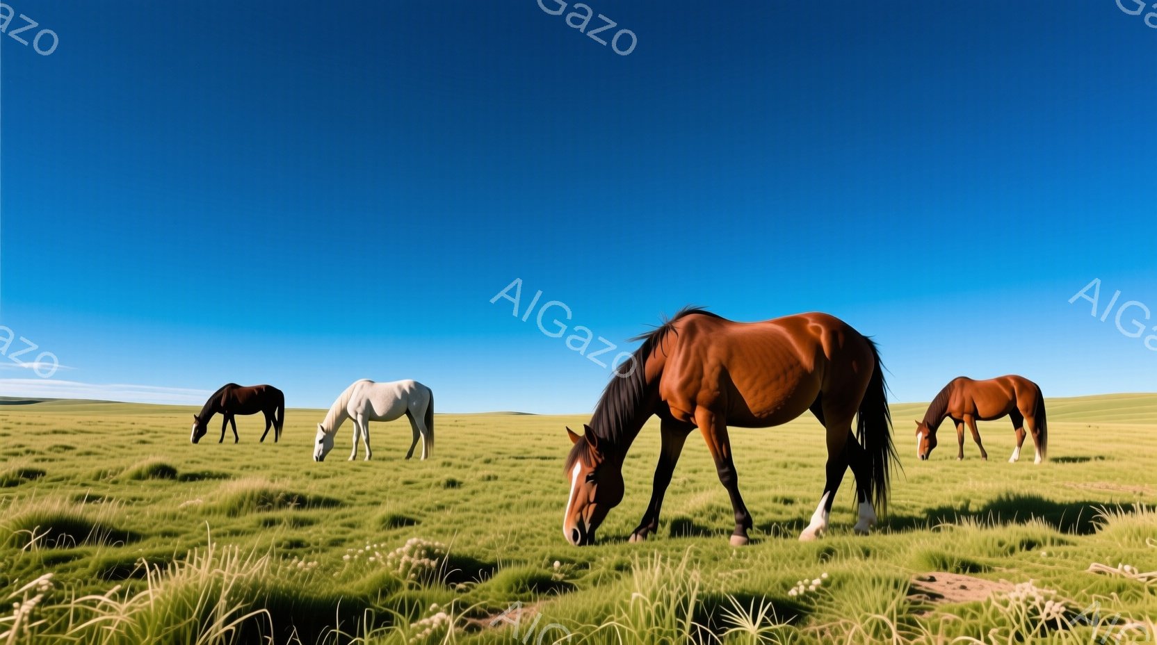 広大な緑の草原で、三頭の茶色の馬と一頭の白い馬が草を食んでいます。空は晴れ渡り、背景にはなだらかな丘が見えます。全体的に穏やかで平和な雰囲気で、自然の中で自由に生きる馬たちの姿が印象的です。 - AI生成フリー素材