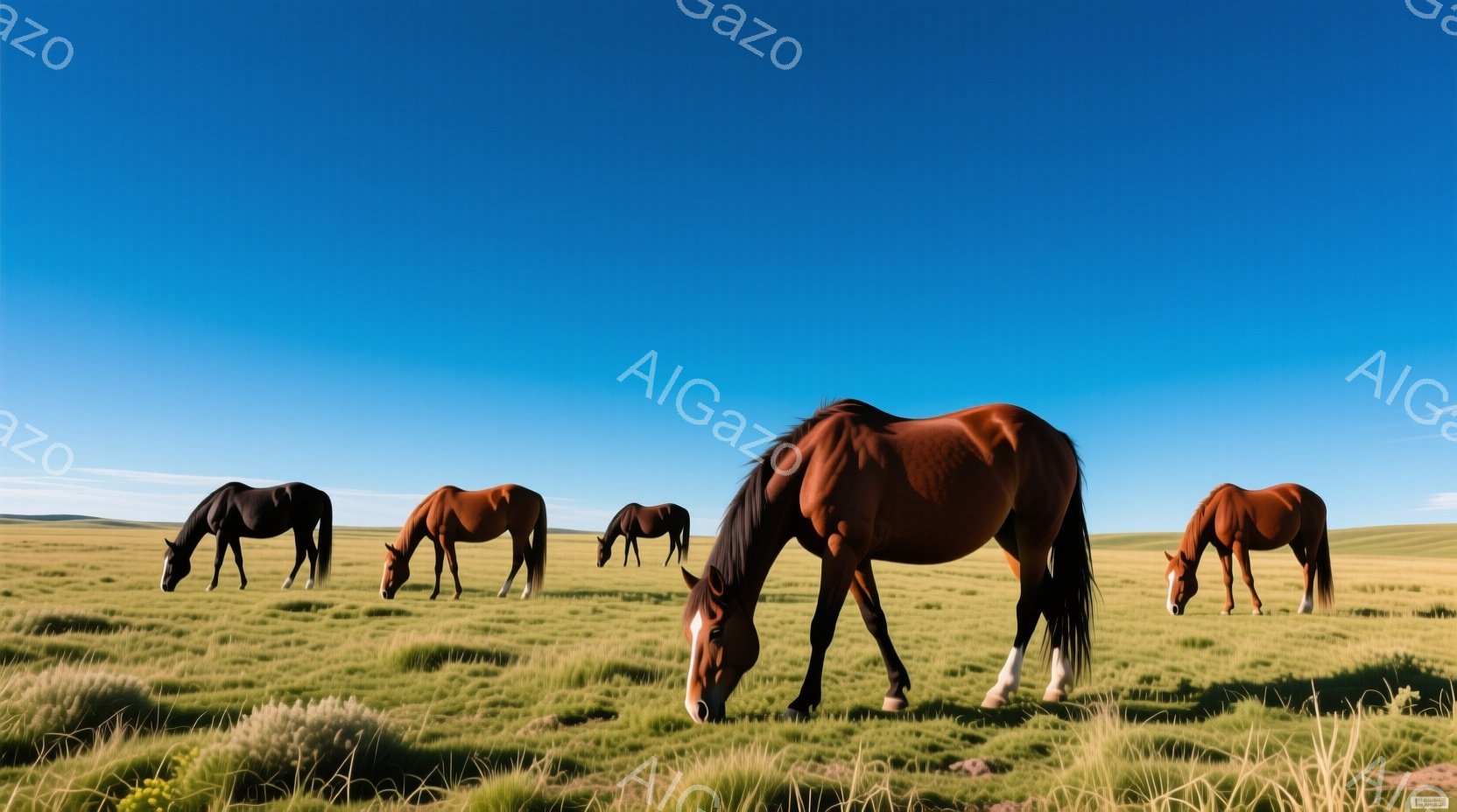 広大な緑の草原に、茶色と黒の馬が数頭群れで佇んでいる。馬たちは草を食んだり、遠くを見つめたりと、それぞれ自由に過ごしている様子が伺える。晴れ渡った青空と、緑豊かな草原が広がり、穏やかで開放的な雰囲気を - AI生成フリー素材