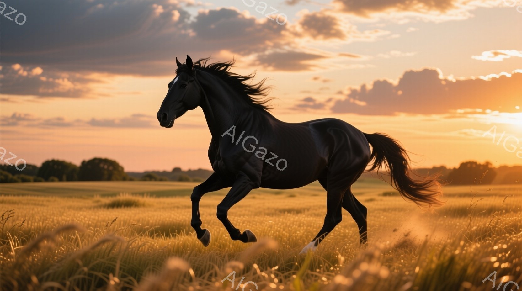 黒い馬が黄金色の草原を疾走している。馬のたてがみと尾は風になびき、力強く大地を踏みしめている姿は躍動感に満ちている。夕焼け空の下、草の黄色と馬の黒色が鮮やかにコントラストをなし、雄大で幻想的な雰囲気を醸し出している。