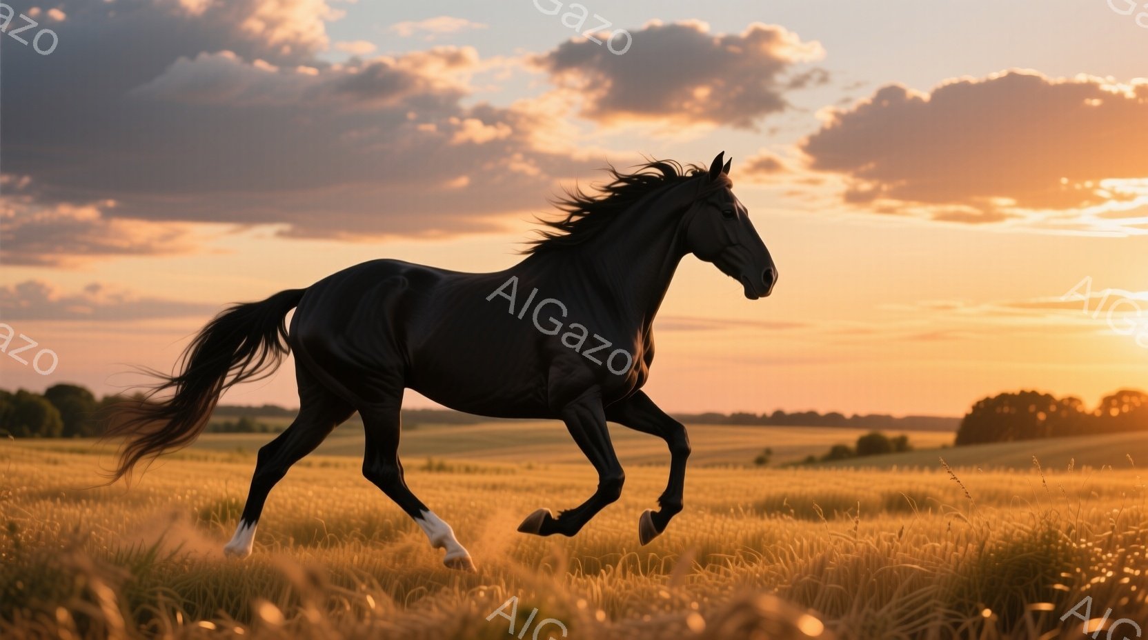 黒い馬が黄金色の草原を疾走している。夕焼けのオレンジと黄色の空が馬のシルエットを際立たせ、その躍動感を強調している。周囲には草が生い茂り、遠くには緑の木々が見える、穏やかで力強い雰囲気の風景だ。 - AI生成フリー素材