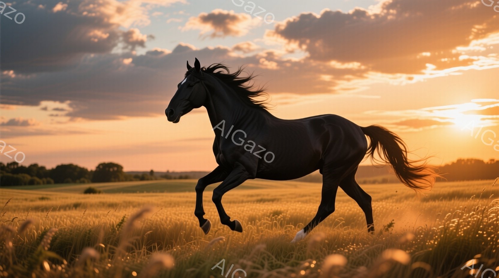 広大な草原を黒い馬が疾走している。夕焼けのオレンジ色の光が馬のシルエットを強調し、草原全体を暖かく照らしている。馬のたてがみと尾は風になびき、力強さと自由な雰囲気を醸し出している。