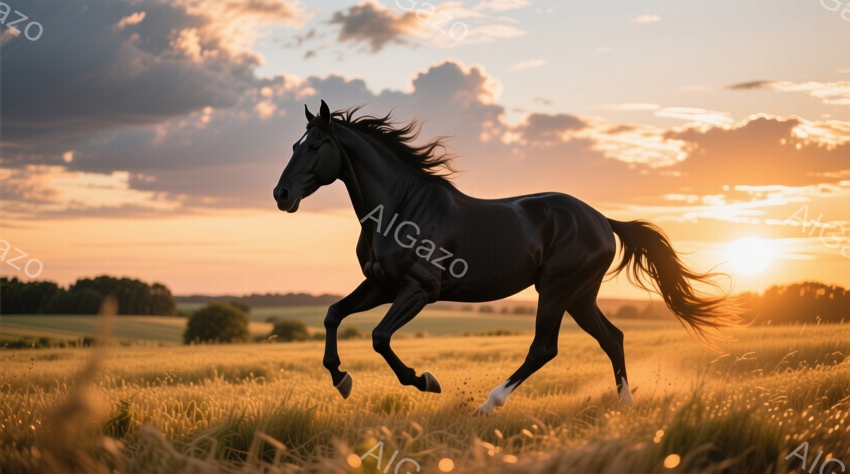 漆黒の馬が、黄金色の草原を力強く駆けている姿が捉えられている。夕焼け空の下、馬のたてがみと尾が風になびき、躍動感あふれる瞬間を表現している。遠景には緑の木々が広がり、暖かく穏やかな雰囲気が漂っている。 - AI生成フリー素材