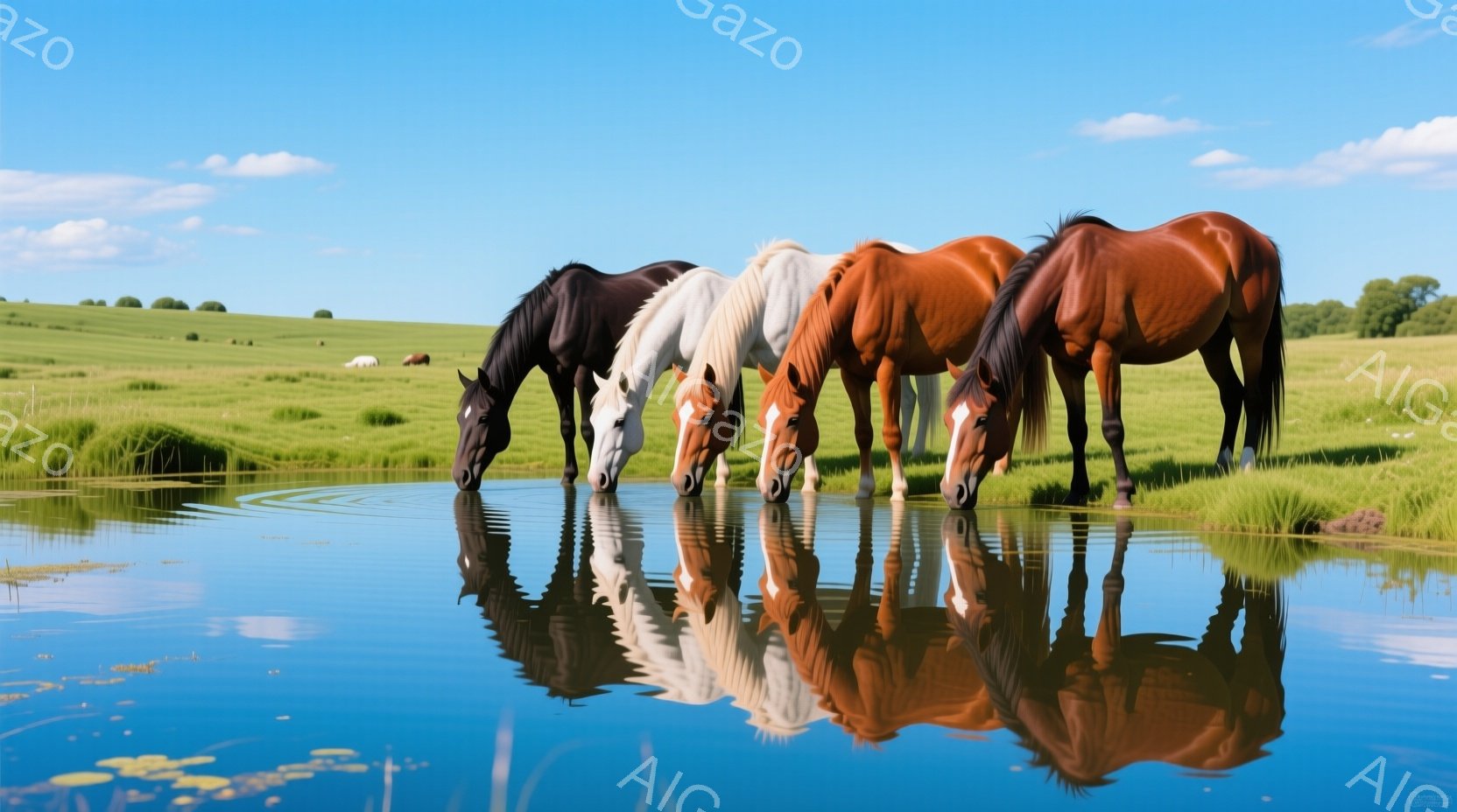 広大な緑の牧草地で、黒、白、茶色の馬たちが水たまりから水を飲んでいます。 馬たちは皆、前かがみになり、水面に映る姿がはっきりと見えます。 背景には穏やかな青空と、遠くに見える起伏のある丘が広がり、平和 - AI生成フリー素材