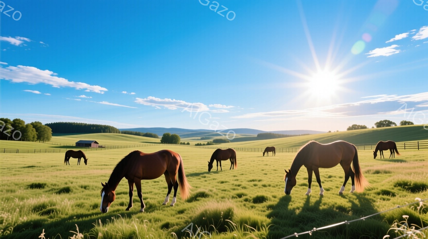 広大な緑の牧場には、数頭の栗色の馬が草を食んでいます。背景には穏やかな丘陵地帯が広がり、遠くには木々が生い茂り、小さな赤い建物が見えます。空は晴れ渡り、太陽が輝き、のどかで平和な雰囲気を醸し出しています。