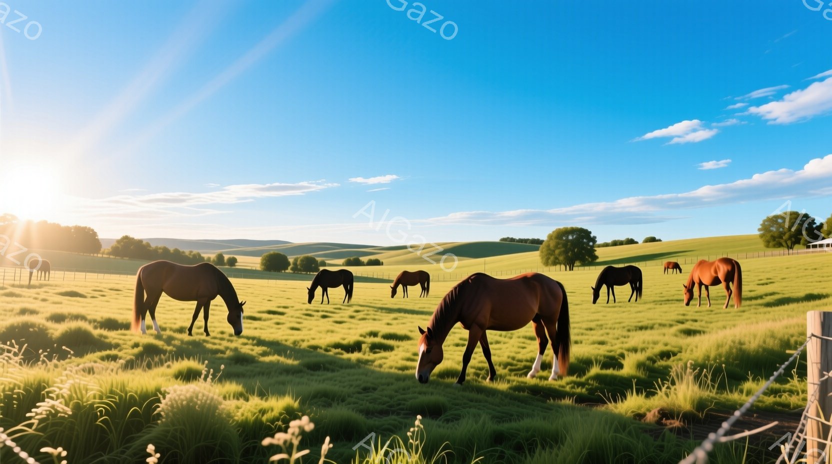 緑豊かな丘陵地帯で、数頭の馬が草を食んでいます。鮮やかな緑の牧草と、背後に広がるなだらかな丘が、穏やかで平和な雰囲気を醸し出しています。空は青く、太陽の光が差し込み、馬の毛並みを照らし、暖かく、のどかな田園風景を描いています。