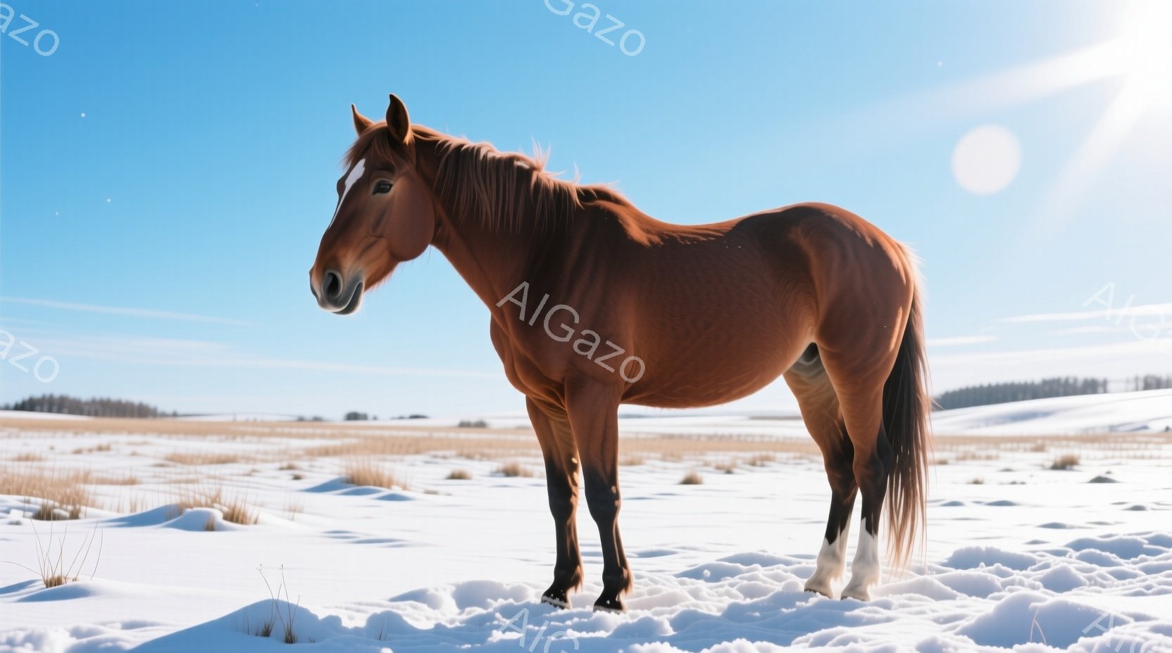 茶褐色の馬が雪景色の中に佇んでいます。馬は白い足元を持ち、堂々とした姿勢で正面を向いています。背景には、雪に覆われた平原が広がり、遠くには木の生えた丘が見え、晴れた空の下、静かで厳かな雰囲気が漂っています。