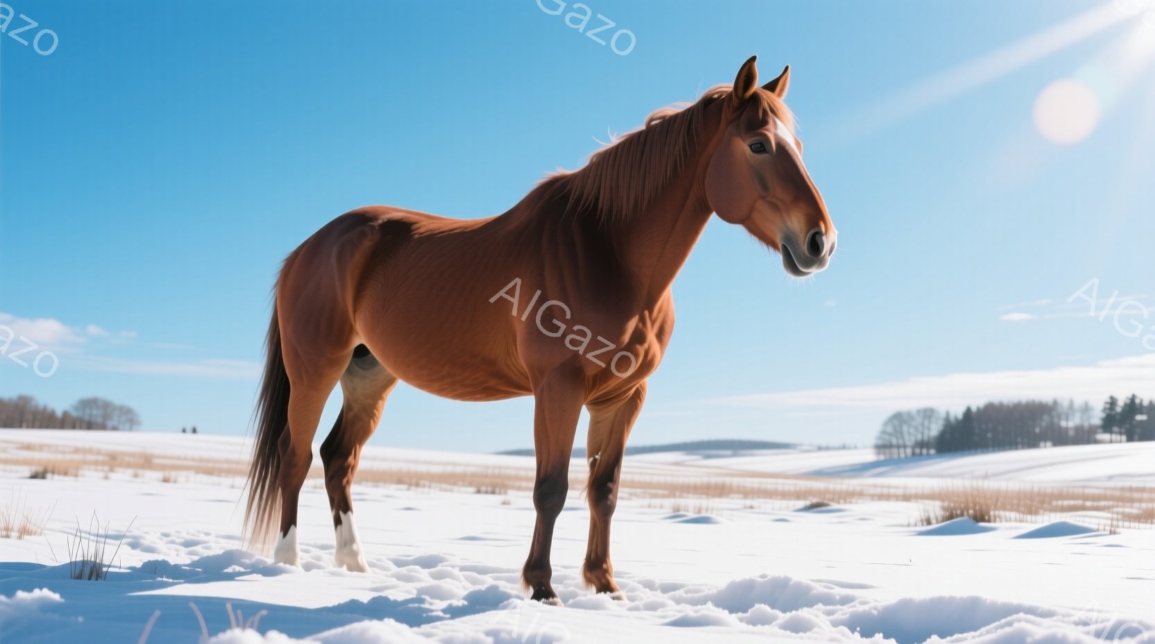 雪景色の中に、茶色の馬が一頭立っている。雪原は広がり、遠方には木々の生えた丘が見える。晴れた空の下、馬は穏やかな表情で、静かに冬の風景の中に溶け込んでいる。 - AI生成フリー素材