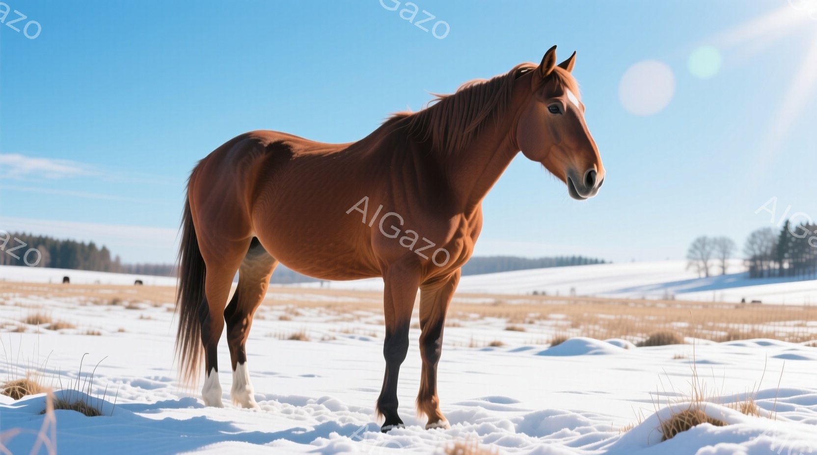 赤褐色の毛並みを持つ堂々とした馬が、雪に覆われた草原に立っている。遠くにはなだらかな丘と冬の森が見え、晴れた空の下、白い雪景色が広がっている。馬は落ち着いた姿勢で、冬の静けさの中で力強く生きている様子 - AI生成フリー素材