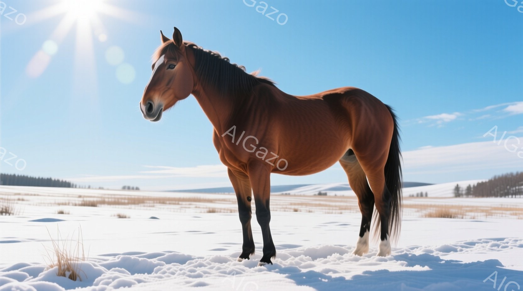 赤褐色の馬が雪景色の中に立っている。背景には遠くに見える森林と、雪に覆われた緩やかな丘陵が広がっており、晴天の下、強い日差しが降り注いでいる。馬は自信に満ちた姿勢で、まるで雪原の王者のように堂々と佇んでいる。