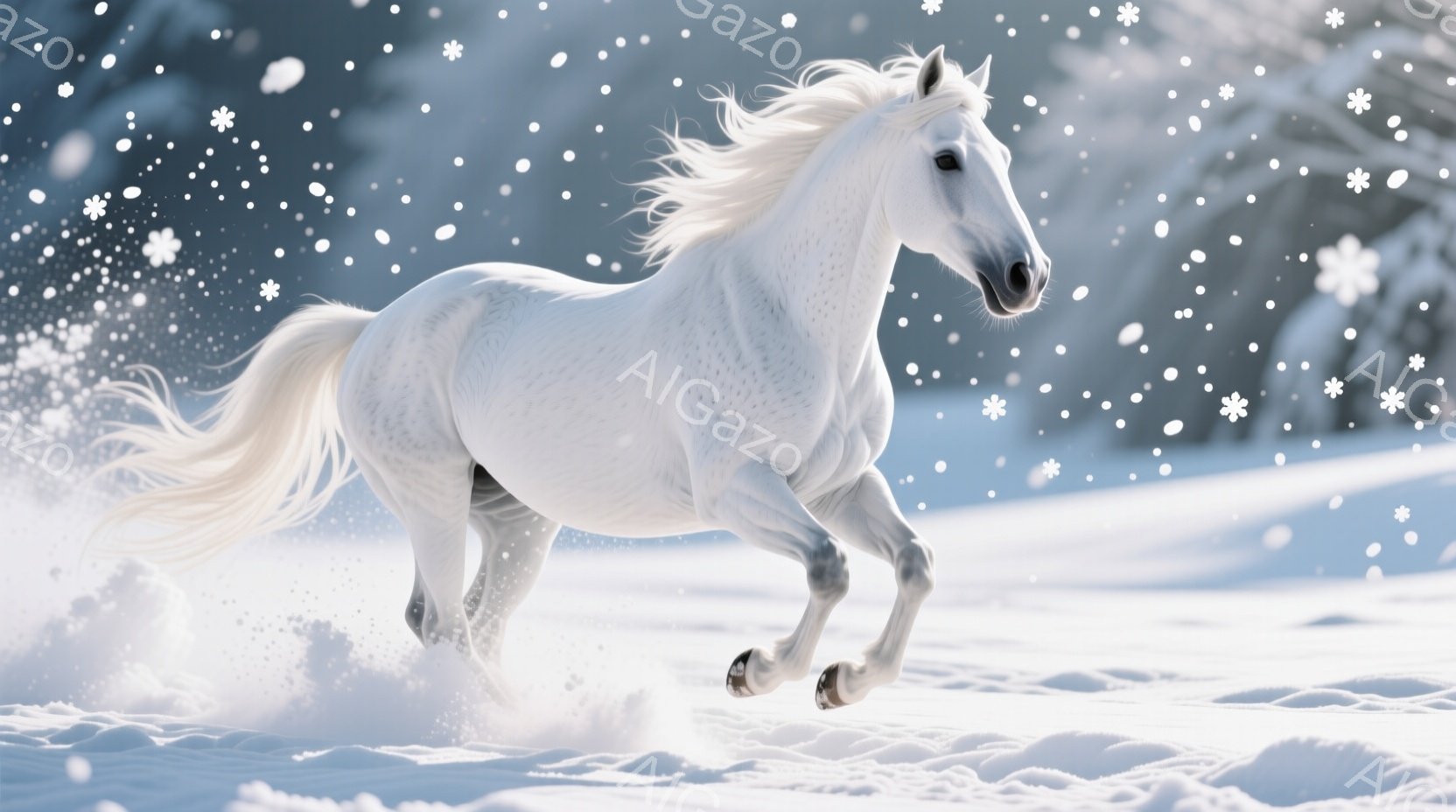 白い馬が雪原を力強く駆けている様子が捉えられています。馬のたてがみと尾は風になびき、雪煙を巻き上げながら疾走しています。背景は一面の雪景色で、冬の凛とした雰囲気が漂っています。