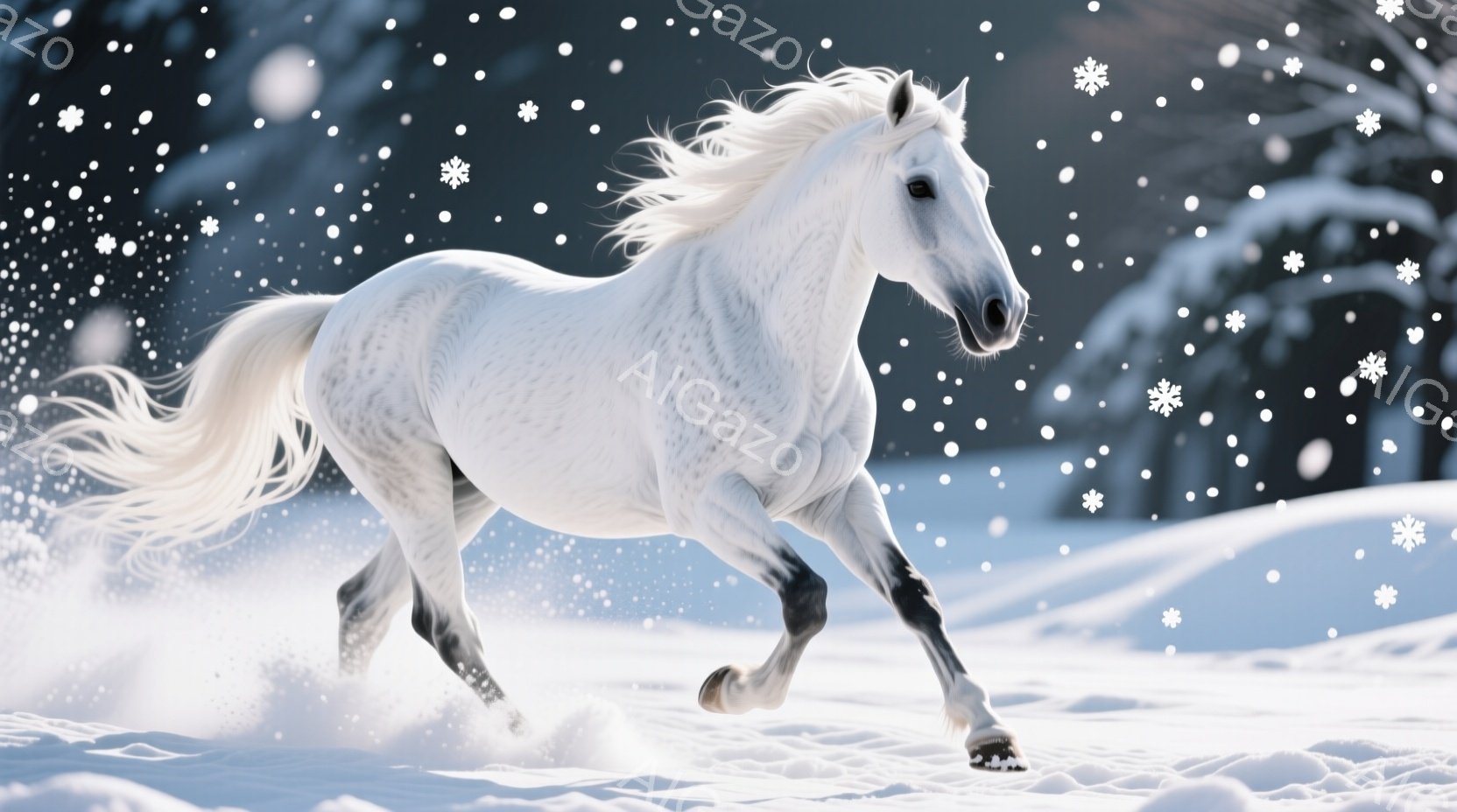 白い馬が雪景色の中を力強く駆け抜けている。たてがみと尾が風になびき、躍動感あふれる姿はまるで冬の精霊のようだ。背景には雪に覆われた丘が広がり、冷たく美しい冬の風景が広がっている。