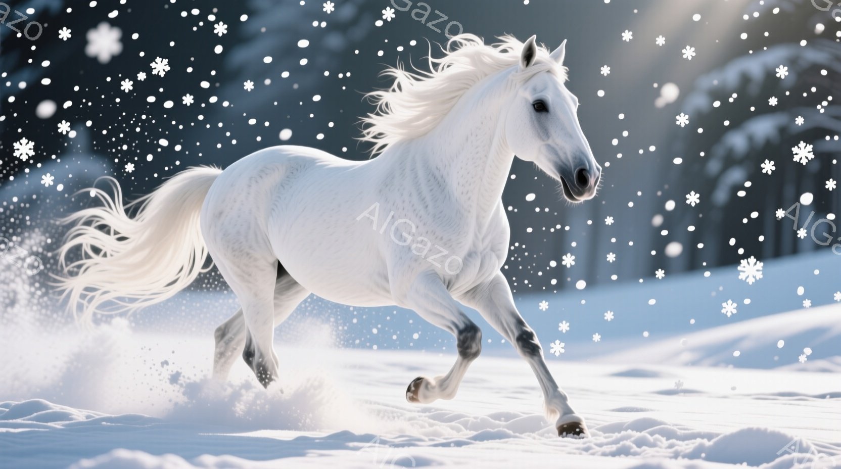 白い馬が雪景色の中を力強く駆け抜けている様子が捉えられています。馬のたてがみと尾は風になびき、雪煙を巻き上げながら疾走しています。背景にはぼんやりと木々が見え、降りしきる雪が冬の冷たく静かな雰囲気を醸し出しています。