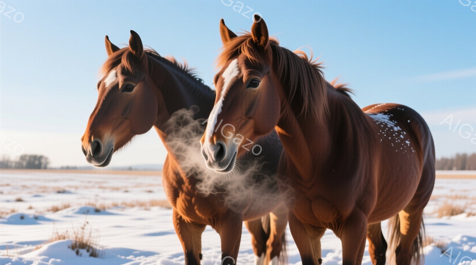 雪景色の中に二頭の栗毛の馬が並んで立っている。馬たちは息を吐いており、白い息が空中に漂っていることから、寒さが伝わってくる。背景には白い雪原が広がり、遠くには木々が見える冬の穏やかな風景である。