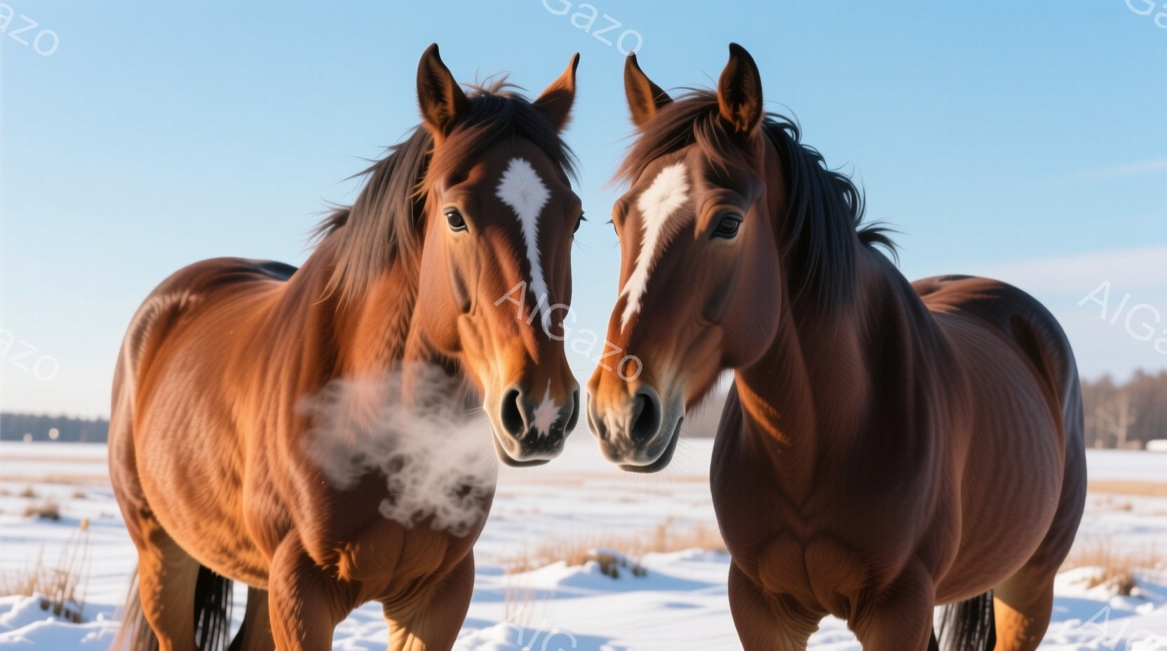 2頭の馬が雪の地面でお互いに鼻を合わせている様子を記録したものです。馬は緑色のマズルと白い模様があり、毛色は茶褐色です。お互いに声をかけるように見えます。背景には露や雪の地面が描かれており、日の出や冬の風景を表しています。