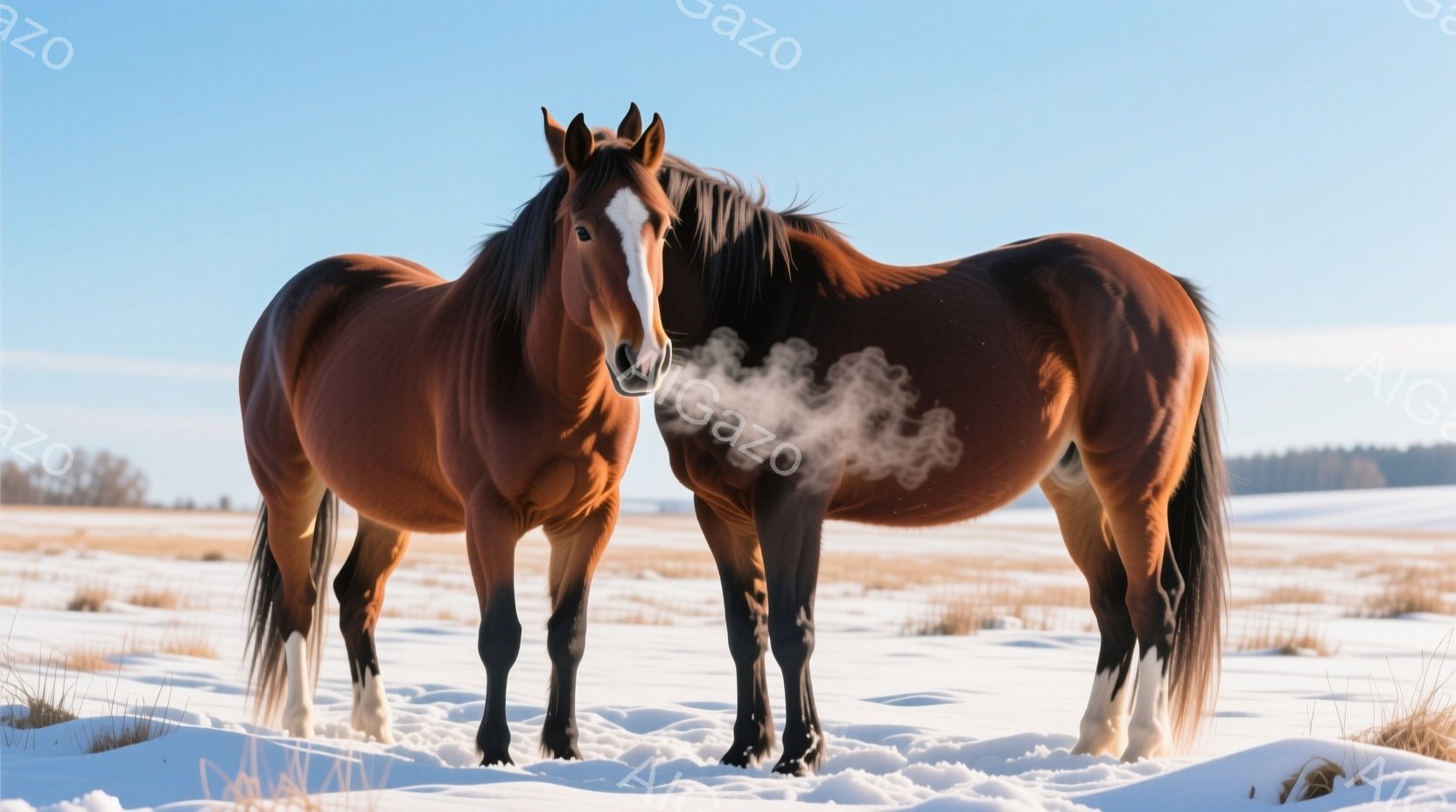 雪景色の中に二頭の栗色の馬が並んで立っています。馬たちは白い息を吐き出し、冬の寒さを感じさせます。背景には、雪に覆われた草原と遠くの森林が広がっており、静かで穏やかな冬の雰囲気を醸し出しています。