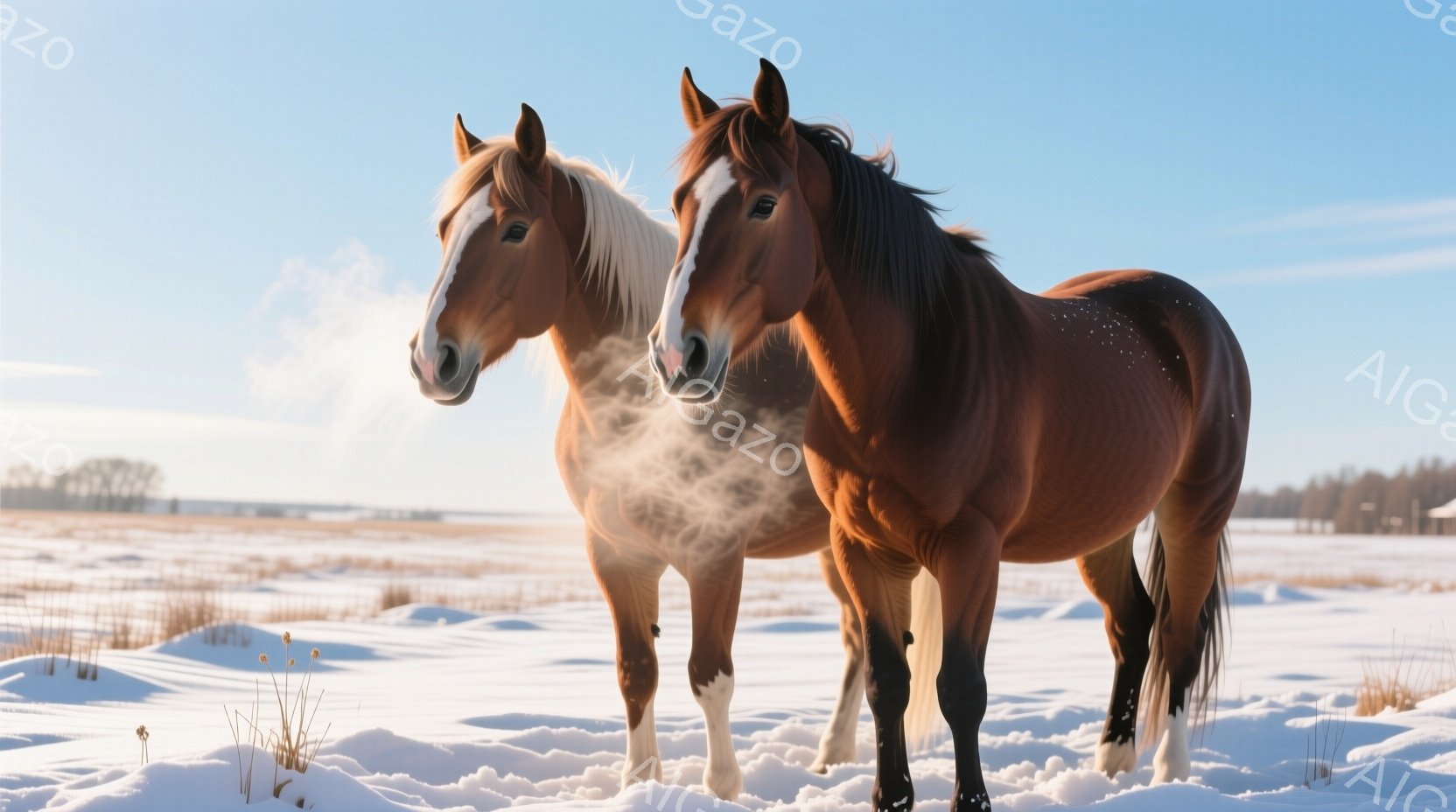 吹雪の中、二頭の茶色の馬が並んで立っている。彼らは白い雪の上に立ち、息が白い蒸気となって立ち上っている様子が捉えられている。背景には、冬の平原と遠くの木々のシルエットが広がり、寒々とした冬の雰囲気を醸し出している。