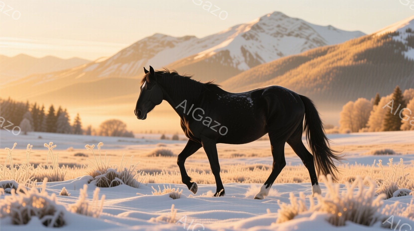漆黒の馬が雪原を力強く駆けている。背景には雪を抱いた山々が連なり、霜で覆われた草が広がる平原が馬の動きを際立たせている。朝焼けのような暖かい光が全体を包み込み、静寂と力強さが共存する幻想的な雰囲気を醸し出している。