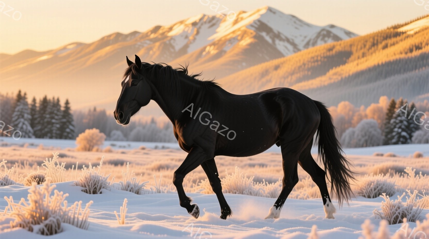 雪に覆われた平原を、黒馬が力強く駆けている。朝日の光が馬の漆黒の毛並みを照らし、その姿はまるで冬の精霊のようだ。背景には雪をまとった山々が連なり、凍てつくような静寂の中に生命力溢れる躍動感が感じられる。