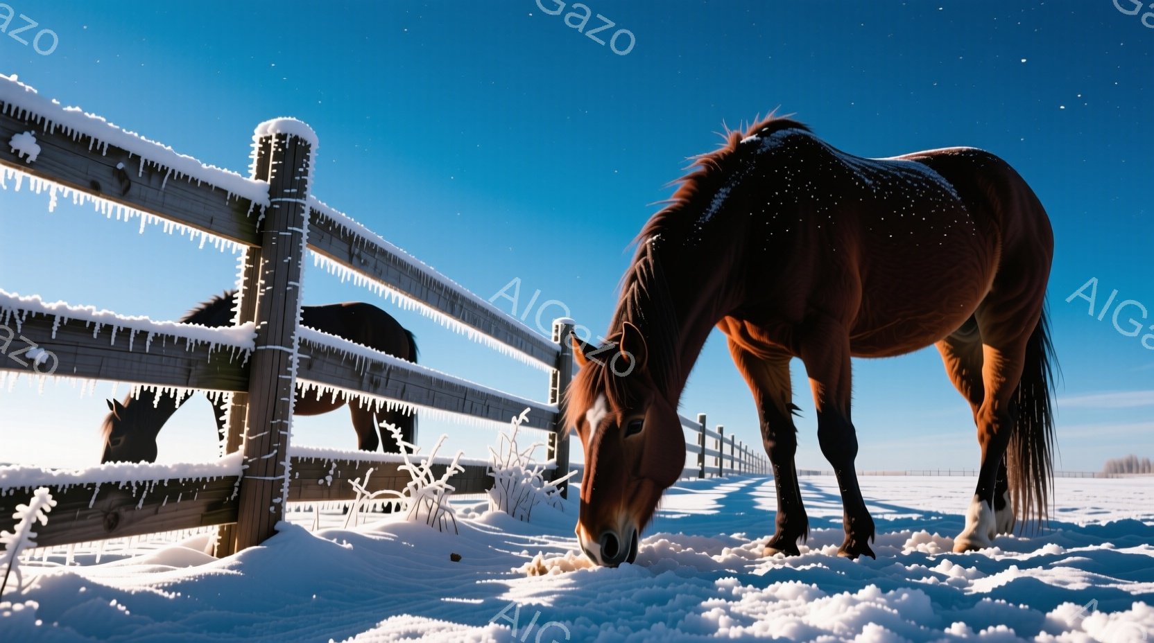 濃い茶色の馬が雪景色の中で牧草を食べている。木の柵が雪で覆われ、背景には雪原と淡い青色の空が広がり、冬の静寂と寒さが感じられる。馬は白い足元で地面の草を探し、穏やかな雰囲気の中に凛とした美しさが漂って - AI生成フリー素材