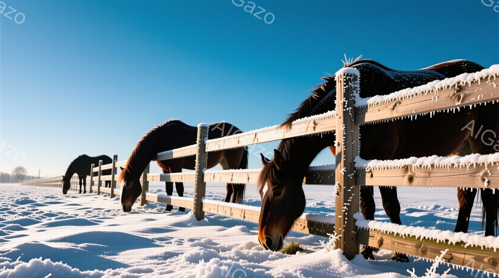 雪景色の中、茶色の柵に沿って馬が数頭並んで草を食べている。雪が降り積もり、柵の上にも白い霜が降り積もっている様子が冬の寒さを感じさせる。晴れた空と白い雪のコントラストが美しく、静かで穏やかな雰囲気が漂 - AI生成フリー素材