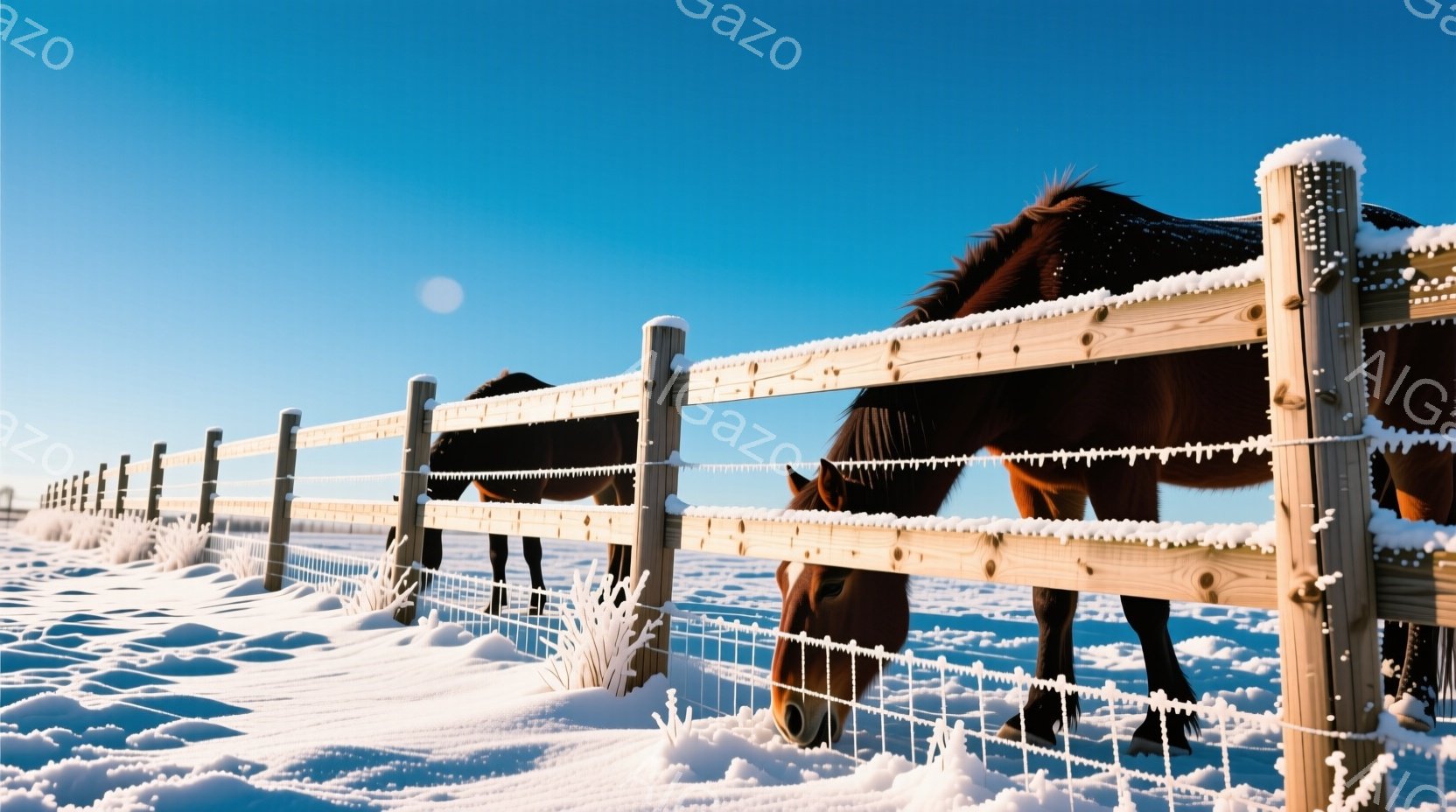 雪に覆われた牧場に茶色の馬が数頭、フェンスの向こう側で草を食んでいる様子が描かれている。フェンスの木材には雪が積もり、背景には真っ白な雪原が広がり、澄んだ青空が広がっている。全体的に静かで穏やかな冬の - AI生成フリー素材