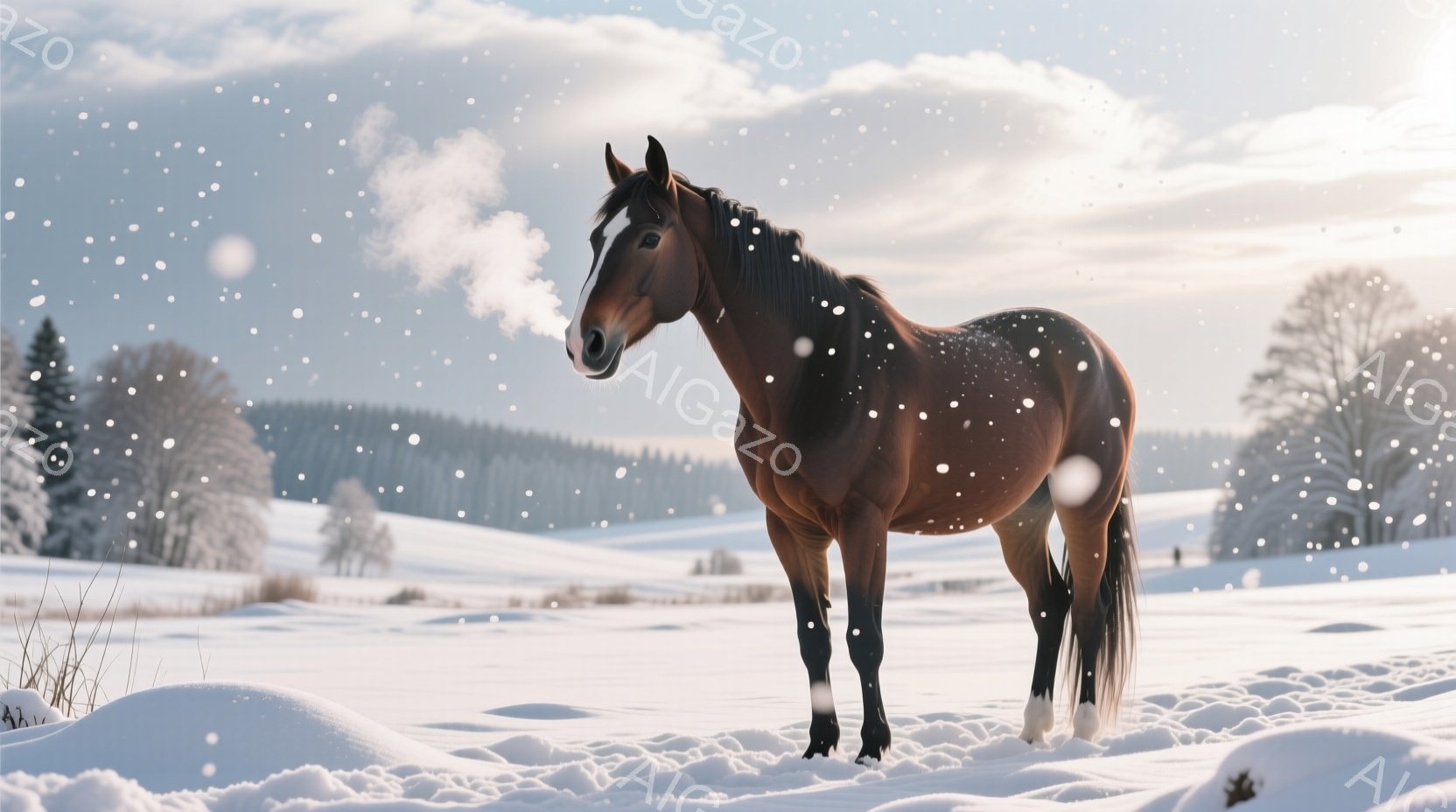 深い雪に覆われた野原に、茶色の馬が一頭立っている。馬は白い足元と黒い鬣を持ち、穏やかな表情で遠くを見つめている。背景には雪をまとった木々と、かすかに見える丘陵が広がり、静かで穏やかな冬の雰囲気を醸し出している。