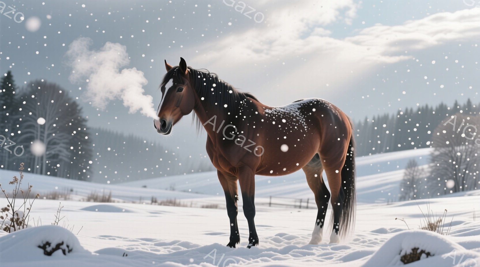 茶色の馬が雪景色の中で立っている。白い息を吐き出し、冬の寒さを感じさせる。背景には雪に覆われた丘と、遠くに見える針葉樹林が広がっており、静かで穏やかな冬の雰囲気が漂っている。