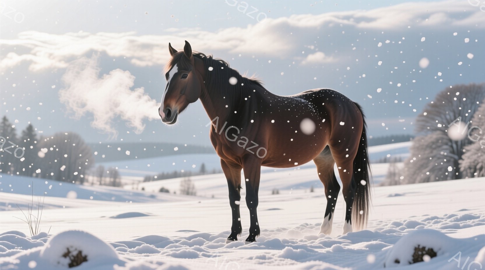 茶色の馬が雪景色の中で立っている。馬からは白い息が立ち上り、冬の寒さを感じさせる。背景には雪に覆われた丘陵地帯と木々が見え、静かで穏やかな冬の雰囲気が漂っている。 - AI生成フリー素材