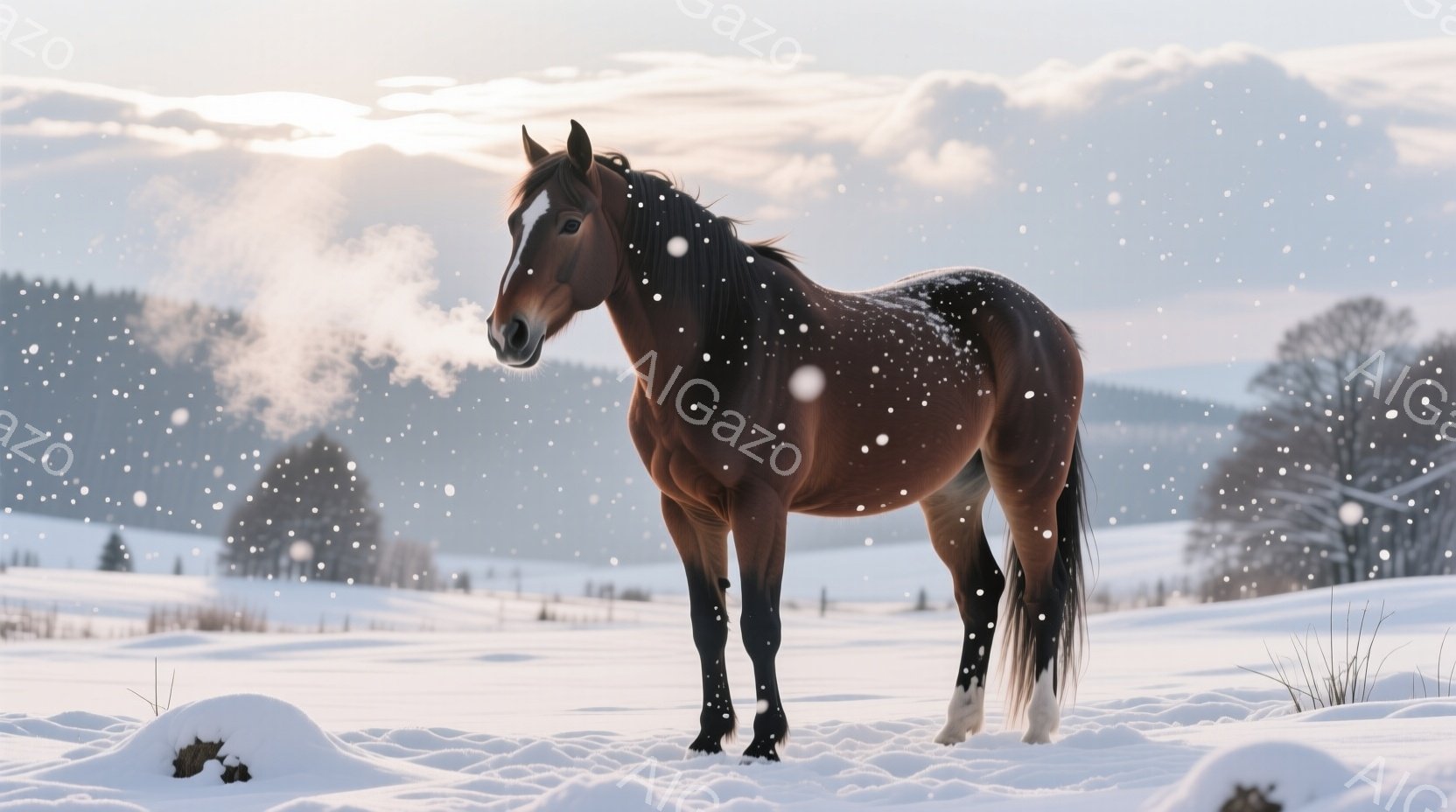 深い雪に覆われた冬の風景の中に、茶色の馬が静かに立っている。馬は白い脚とたてがみを持っており、冷たい空気の中で白い息を吐いている。背景には、雪で覆われた丘と木々が広がり、穏やかで静謐な冬の雰囲気を醸し出している。
