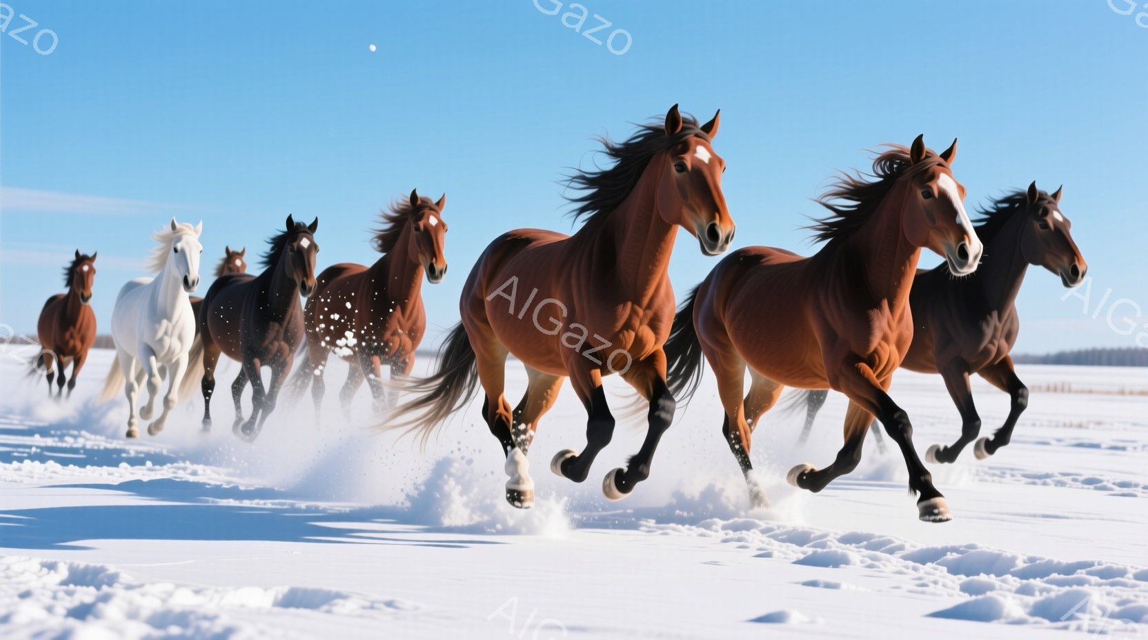 雪原を複数の馬が疾走している様子が写っている。茶色、黒、白の馬たちが勢いよく駆け抜け、雪煙を上げながら冬の風景の中を力強く進んでいる。背景は雪に覆われた平原で、晴天の下、馬たちの躍動感が際立っている。 - AI生成フリー素材